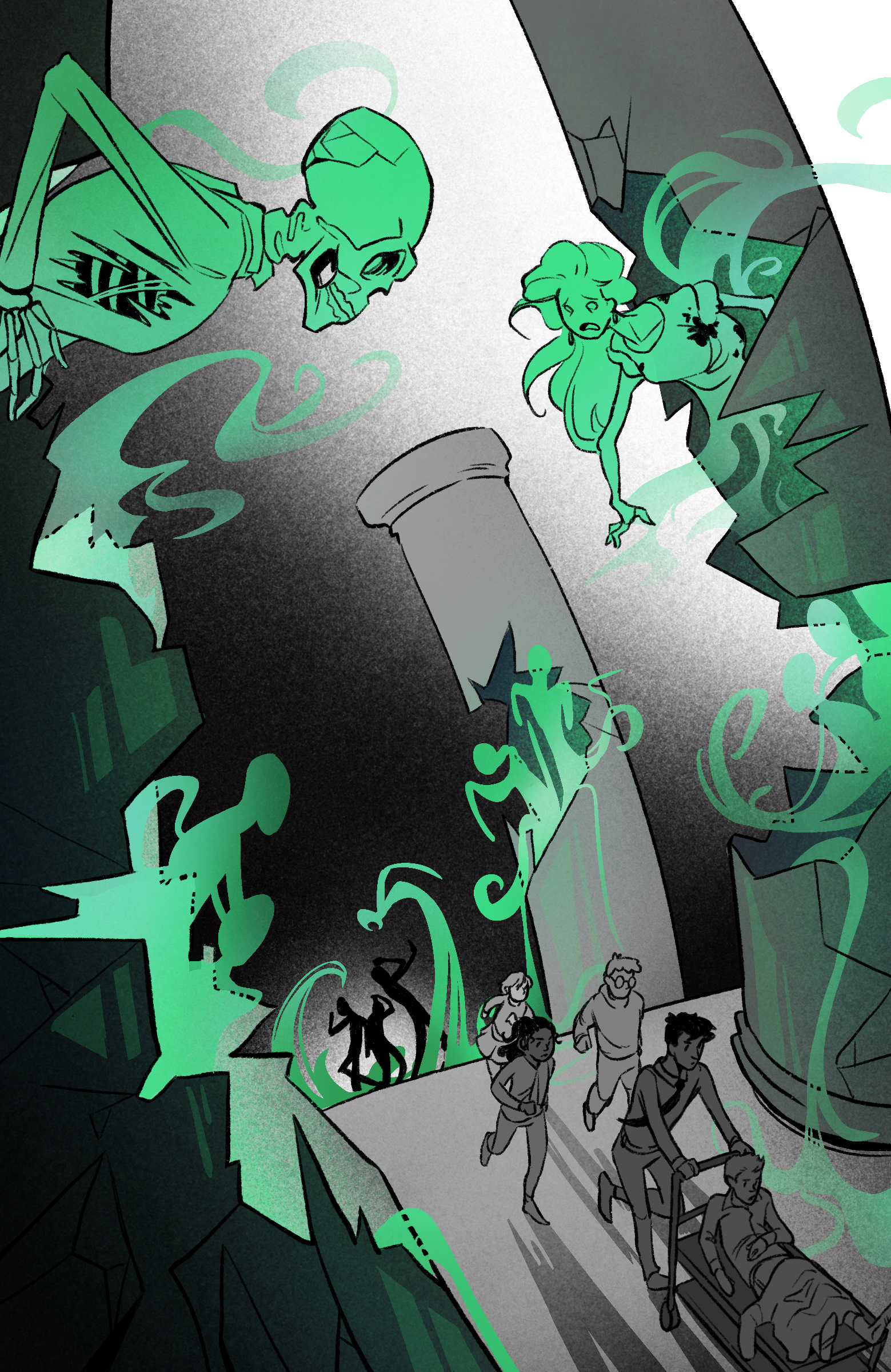A fantasy scene featuring large ghostly angelic skeletons, floating green spirits, and mystical symbols surrounding a group of four children and two adults walking and riding a wheelchair on a futuristic cityscape street at night.