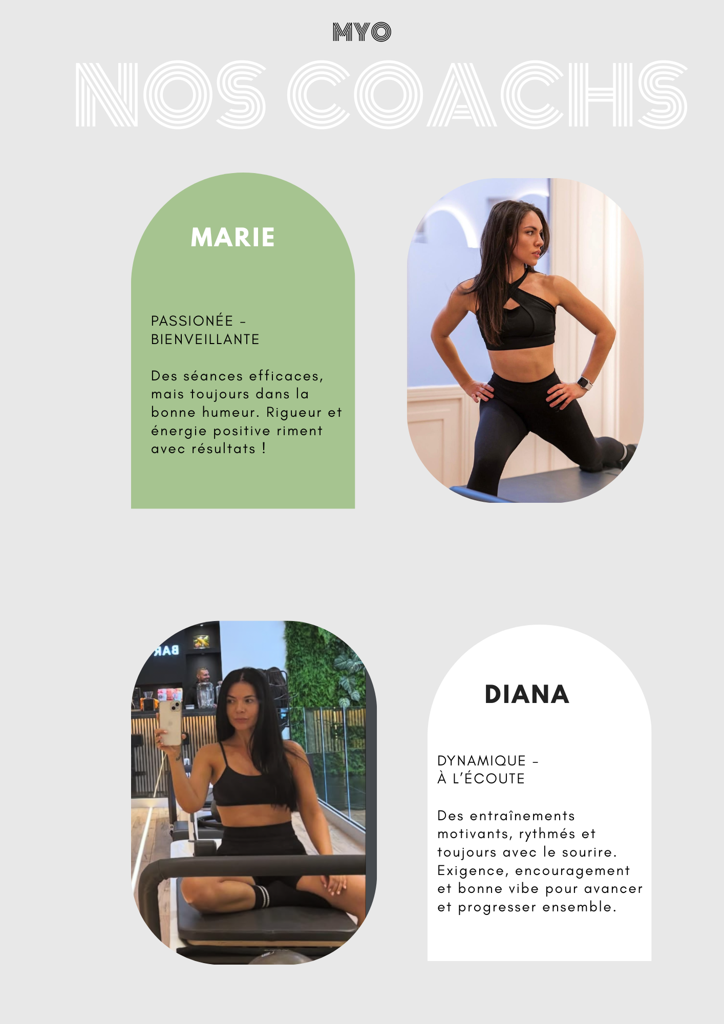 Fiche de présentation de deux coachs sportifs, Marie et Diana, avec leurs photos et descriptions en français. Marie est passionnée et bienveillante, Diana est dynamique et à l'écoute.