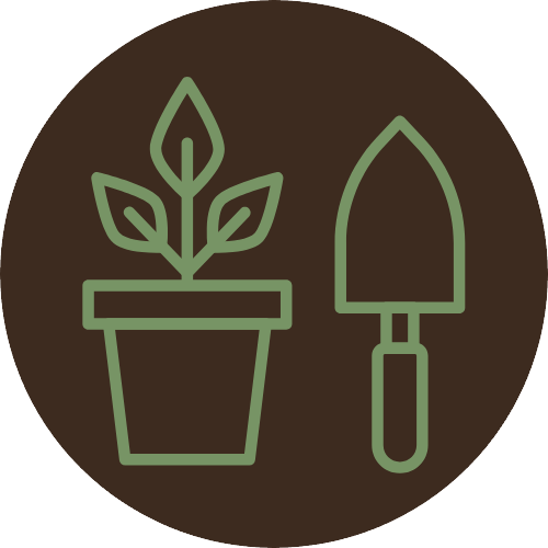 Illustration of a potted plant and gardening trowel on a dark brown background.