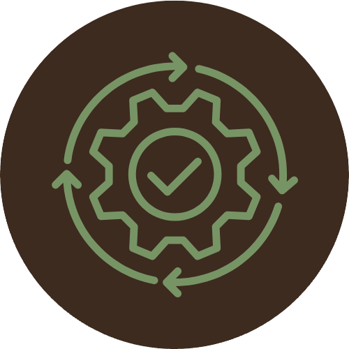 Icon of a gear with a checkmark in the center, surrounded by circular arrows indicating process or cycle, on a dark background.