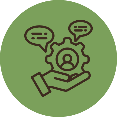 Icon with a systems wheel and speech bubbles