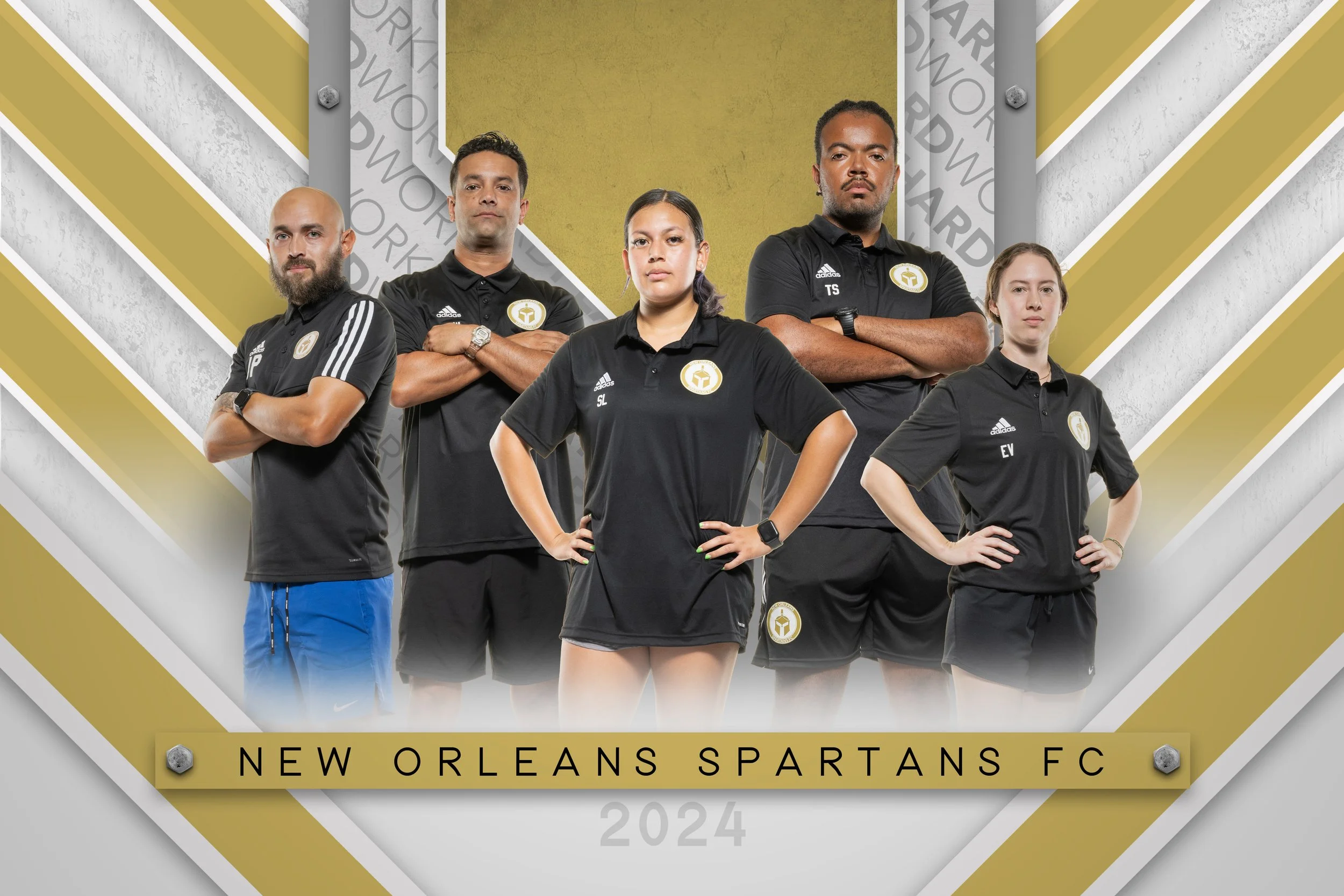 Group of five soccer players and coaches wearing black uniforms with the New Orleans Spartans FC logo, standing with arms crossed, with a backdrop celebrating the team for 2024.