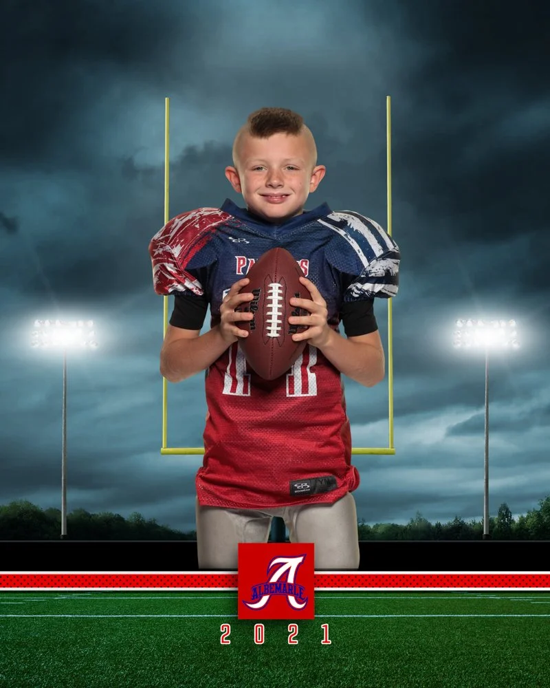 Individual youth football sport picture with football and virtual football field background and team logo by night