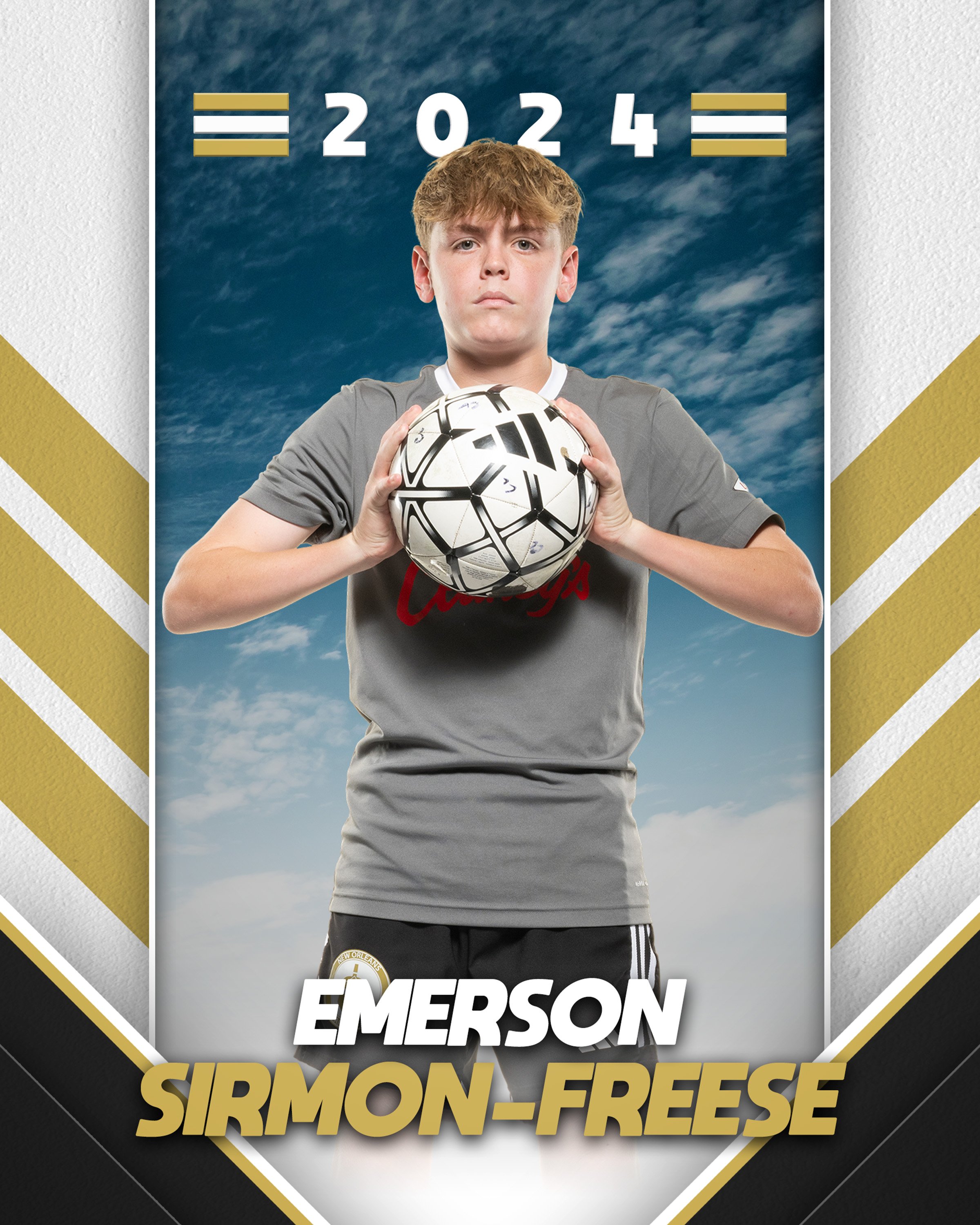 A young male soccer player in a gray uniform holding a soccer ball, standing outdoors against a cloudy sky background with the year 2024 and the name Emerson Sirmon-Freese on a sports poster.