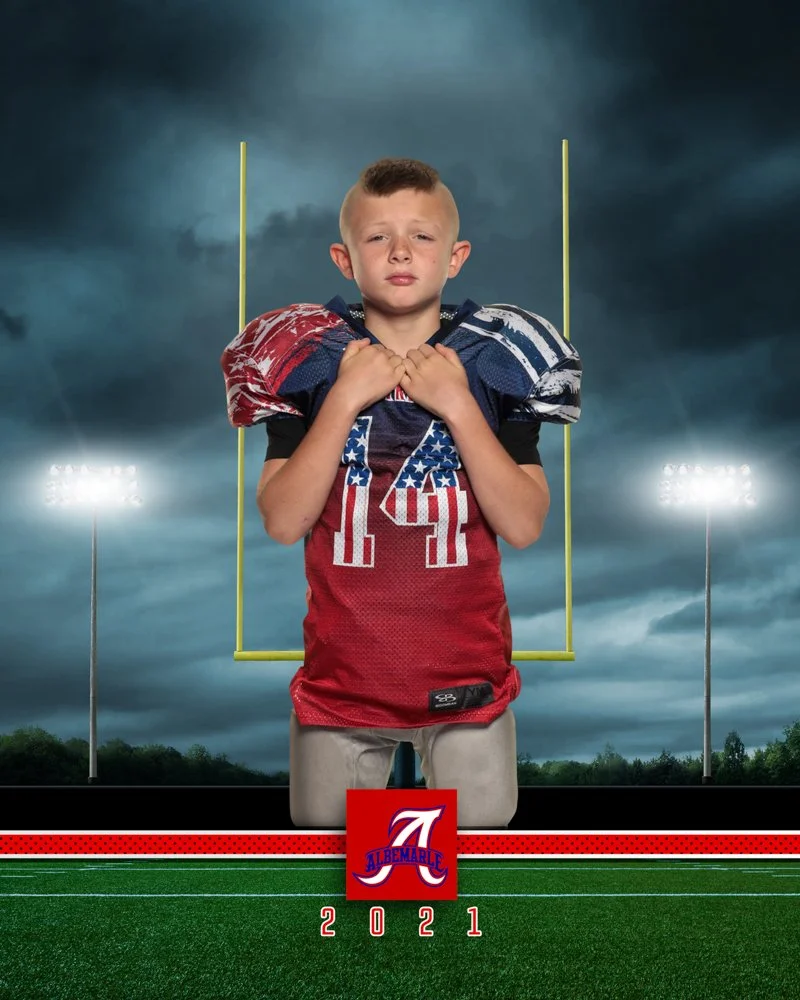 Individual youth football sport picture with football and virtual football field background and team logo by night