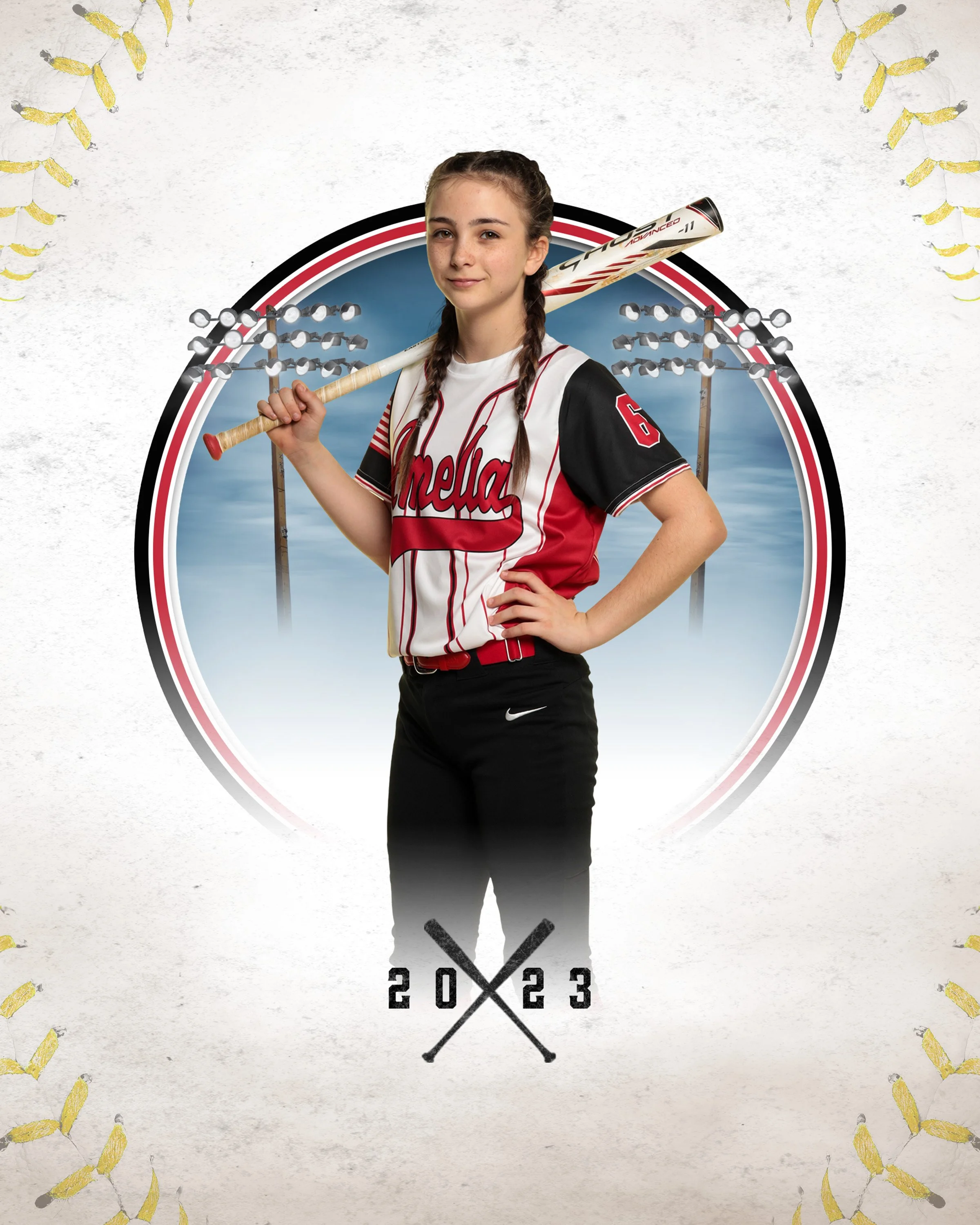 women youth softball team with baseball bat and virtual background and smile