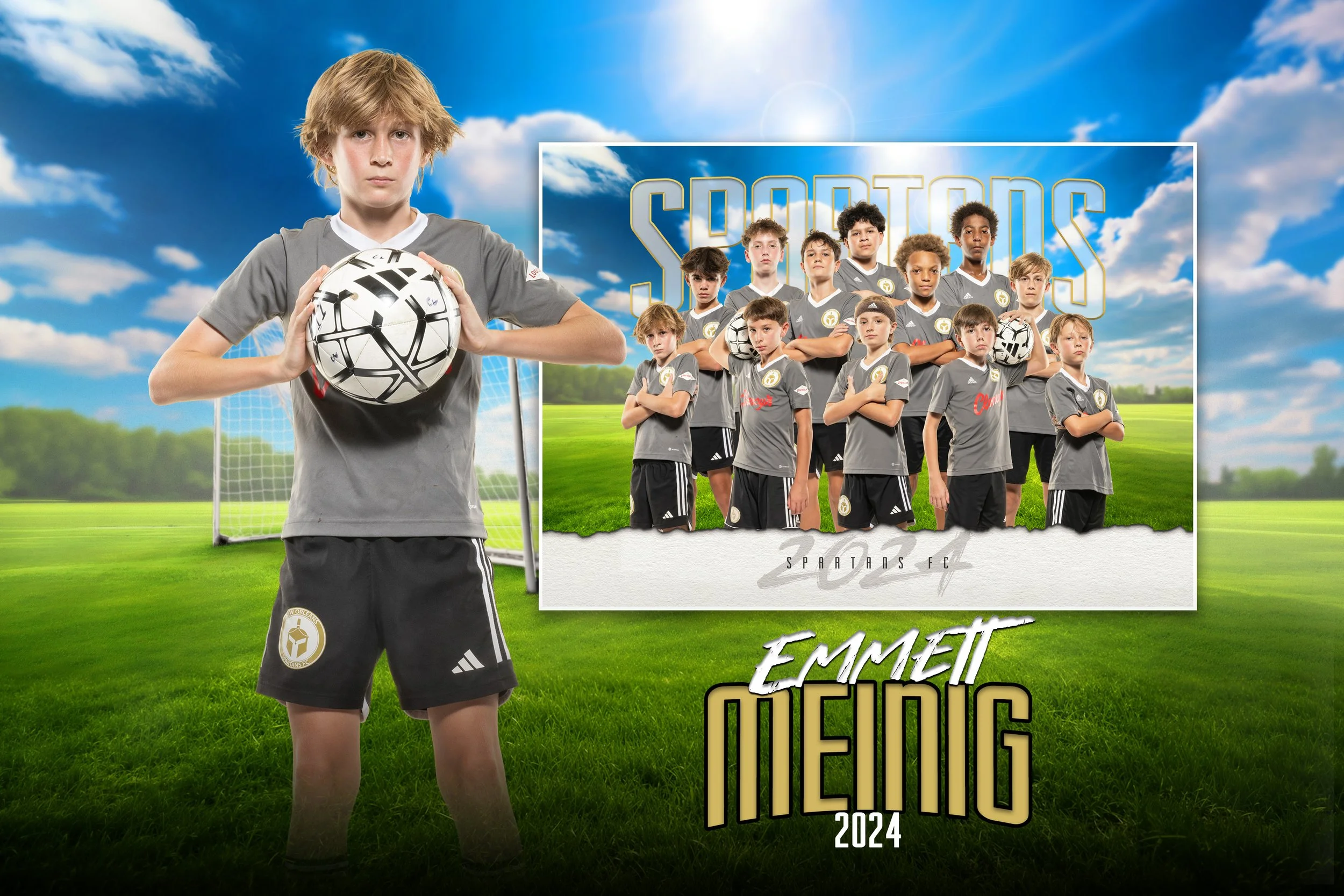 Teamfoto mit virtuellem Hintergrund (Composite) und Einzelfoto mit Fussballpose