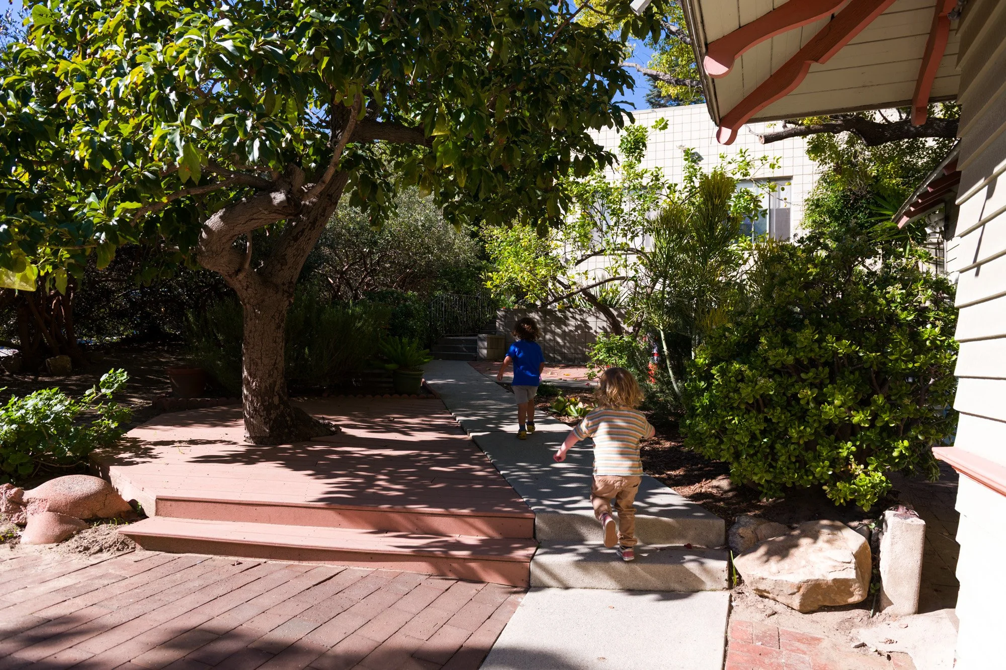 Two children walking up a sidewalk in a lush garden with trees and bushes on a sunny day.