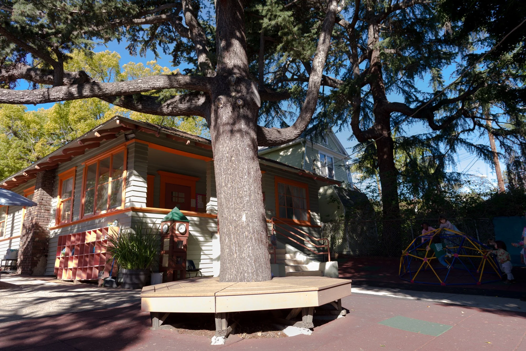 A playground area with a large tree in front of a house, children playing on a climbing dome, and clear blue skies.