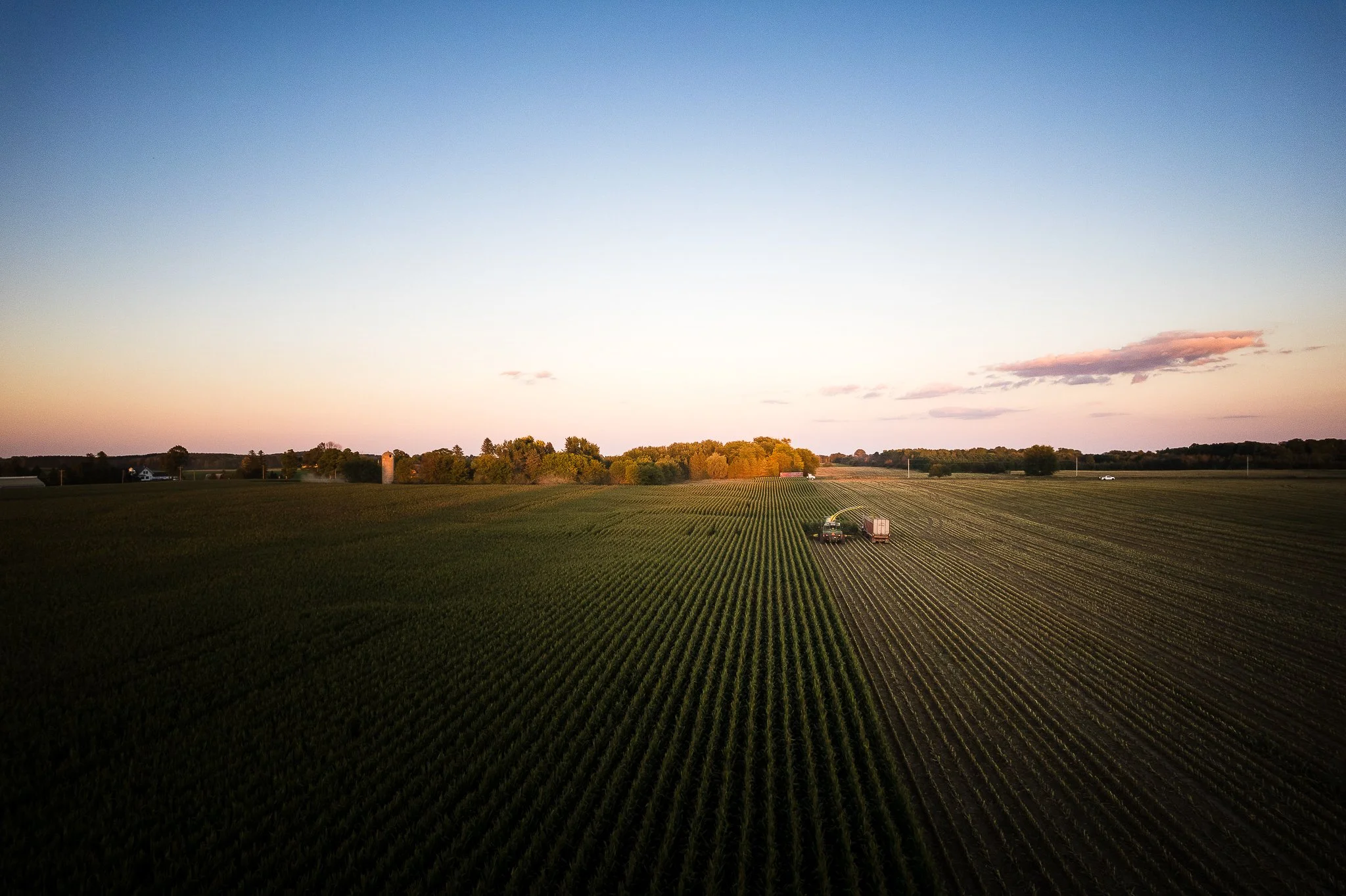 A wide aerial view of a farmland with green crops, a tractor and trailer in the field, and trees in the distance during sunset.