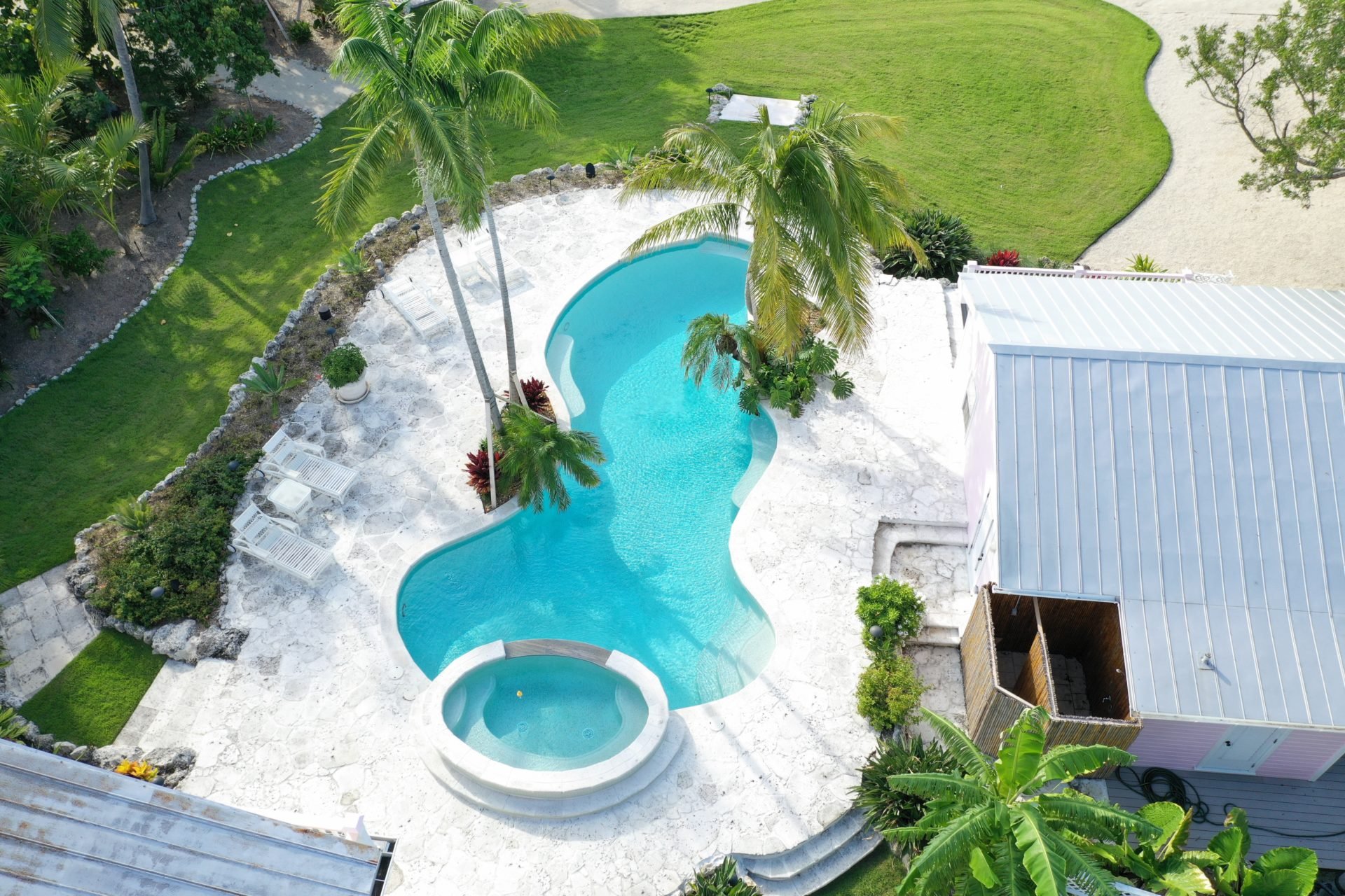 Aerial view of a backyard with a kidney-shaped swimming pool, hot tub, palm trees, green lawn, sun loungers, and a house with a metal roof.