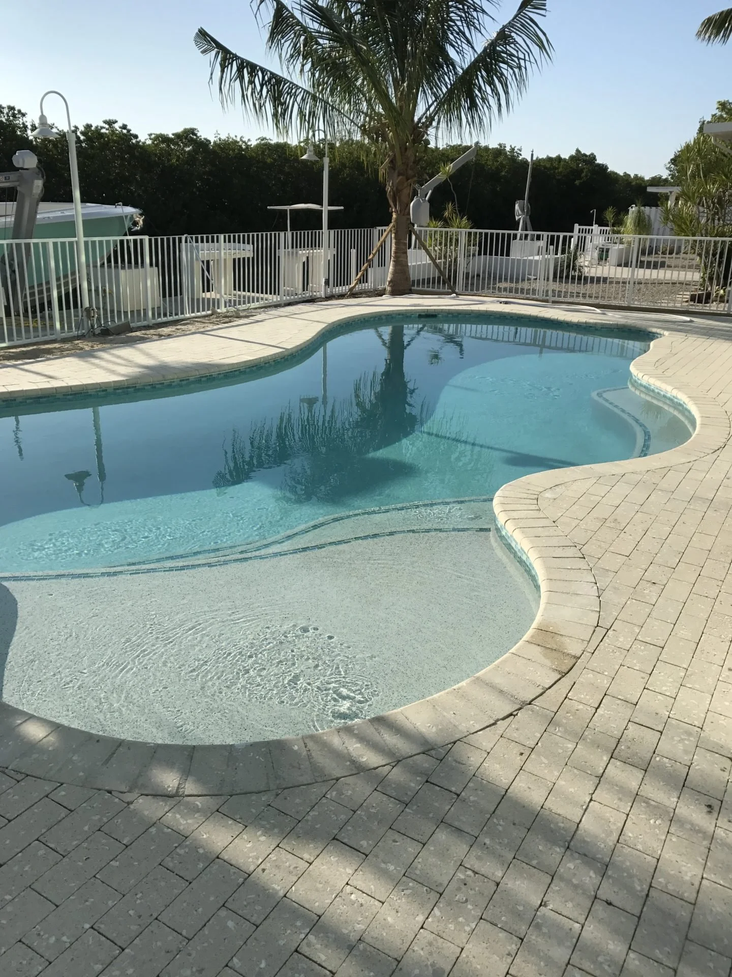 A swimming pool with a lazy river feature, surrounded by a brick deck, with palm trees and a white fence in a sunny outdoor setting.