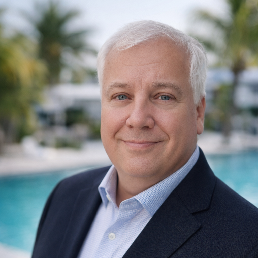 A man with short, light-colored hair and blue eyes standing outdoors near palm trees and houses on stilts, wearing a navy blazer over a red shirt.