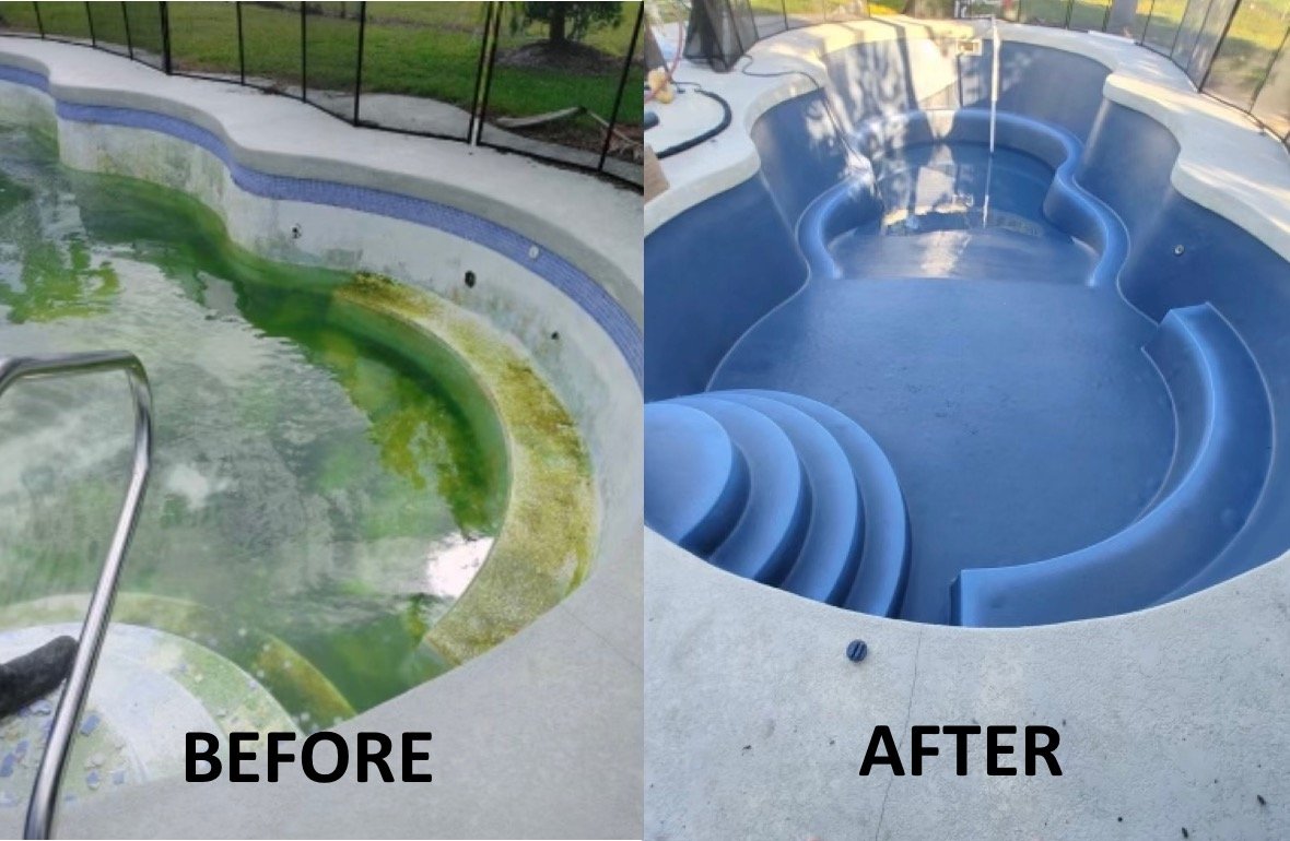 Comparison of a swimming pool before and after cleaning. The left side shows a pool filled with dirty, green water and algae along the edges. The right side shows the same pool cleaned and now with clear blue water.