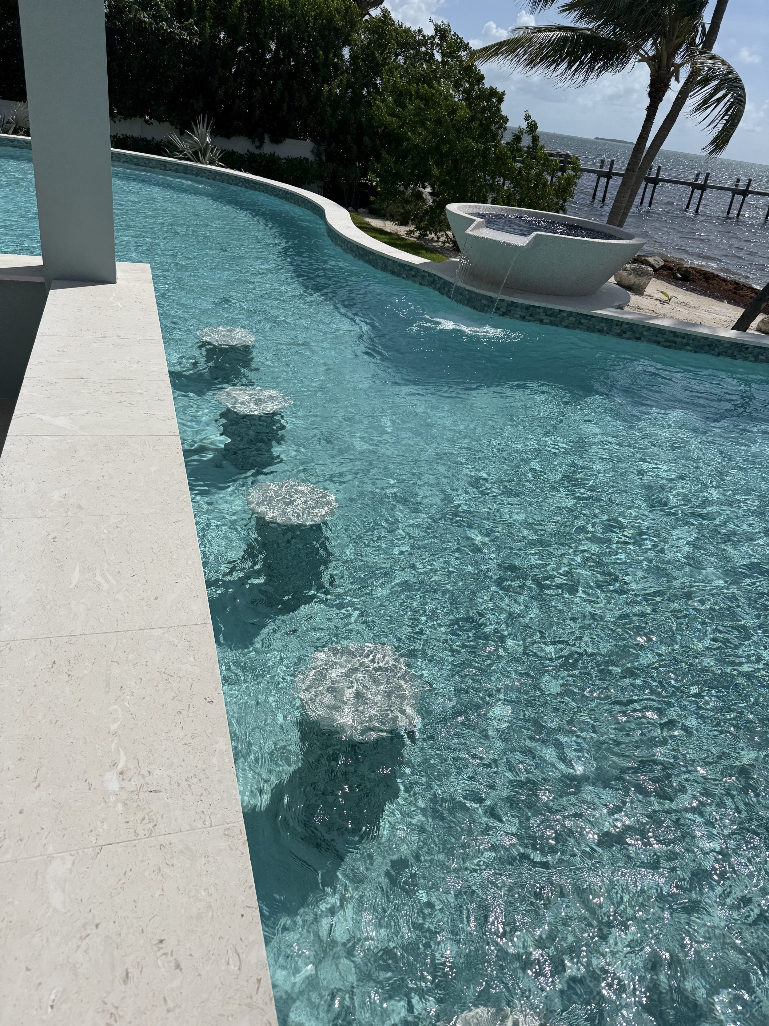 A swimming pool with underwater stools, overlooking the beach with a palm tree and ocean view.