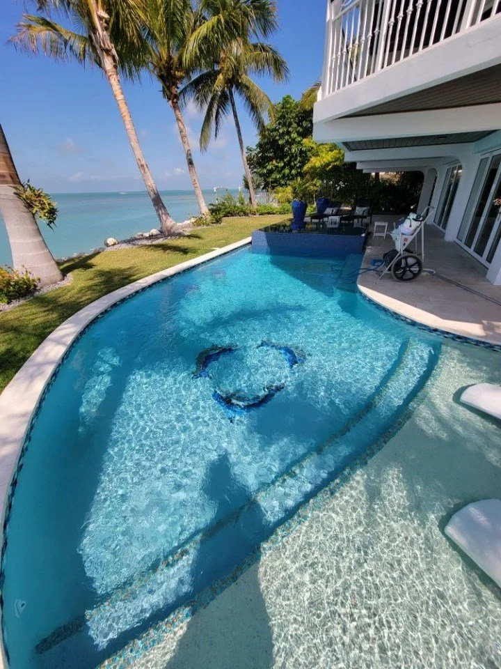 Pool area with a curved swimming pool overlooking the ocean, with palm trees, outdoor seating, and a nearby building with balconies.