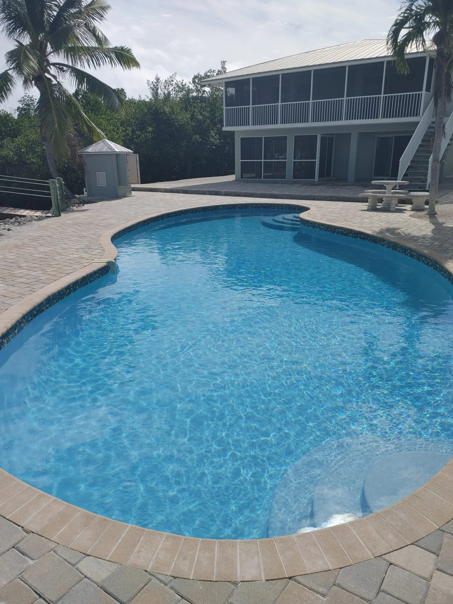 Swimming pool area with a curved pool, a two-story house with a screened porch, stairs leading to the upper level, a palm tree, a picnic table, and a small structure, surrounded by pavers and lush greenery in the background.