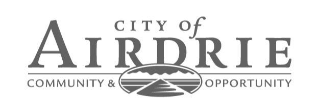 Logo for the City of Airdrie, featuring city name, a stylized sun and landscape, with the words 'Community & Opportunity'.