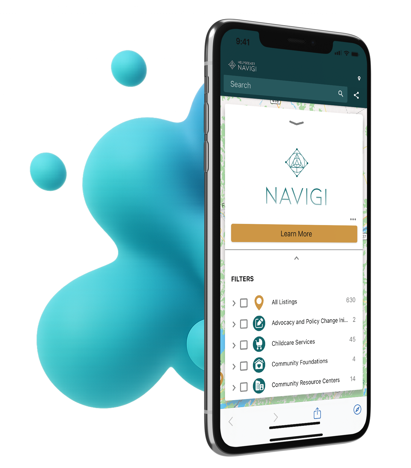 Smartphone displaying the NAVIGI app with filters for listings, advocacy, childcare services, community foundations, and resource centers. The screen shows a map and a 'Learn More' button.