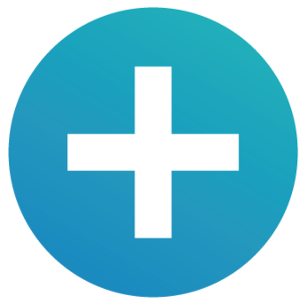 A blue circular icon with a black medical cross in the center.