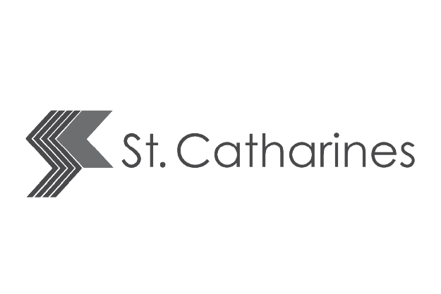 Logo of St. Catharines featuring a stylized arrow and the text "St. Catharines" in black.