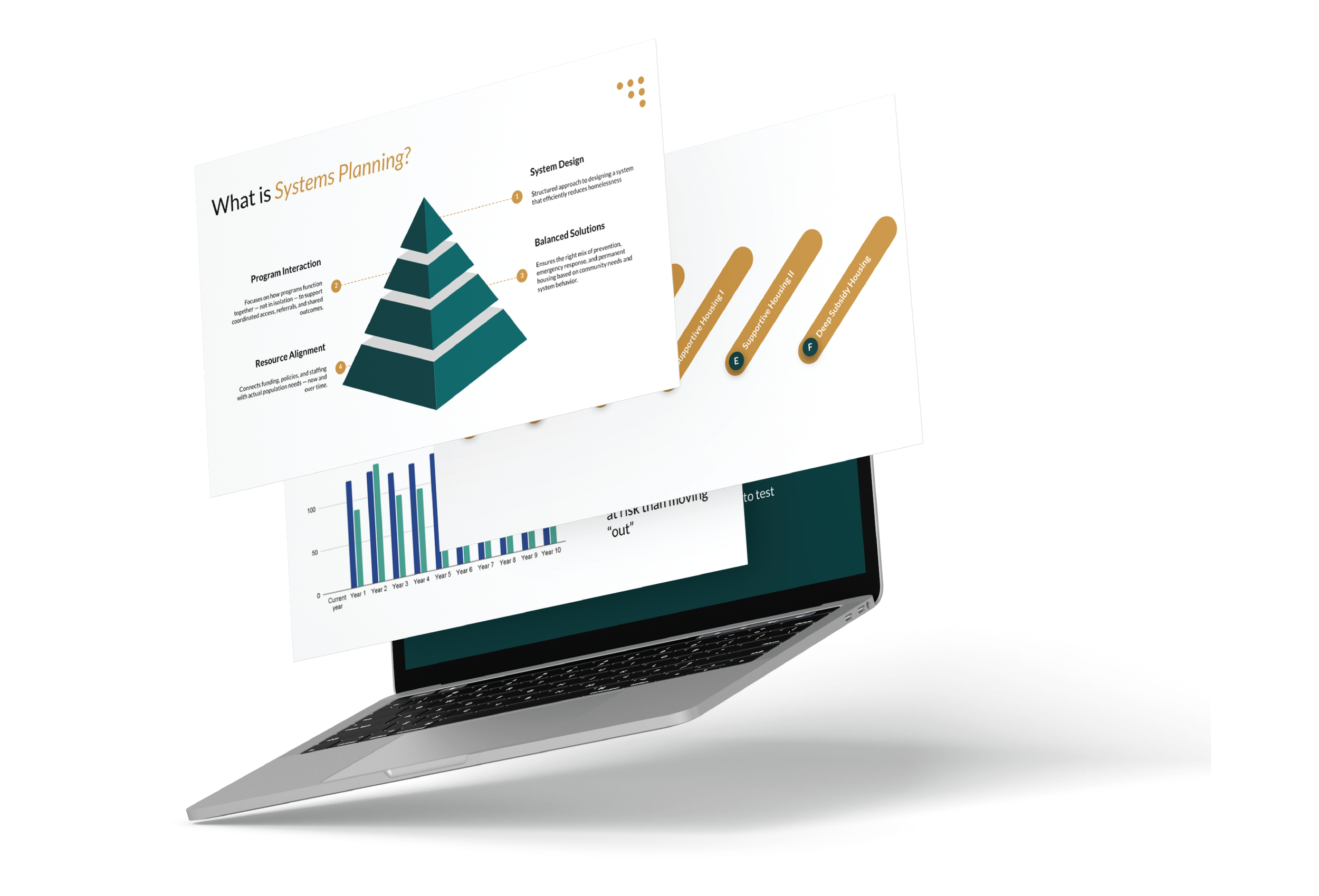 An open laptop with colorful presentation slides and charts flying above it, including a pyramid diagram, bar graph, and a diagram with labeled categories.