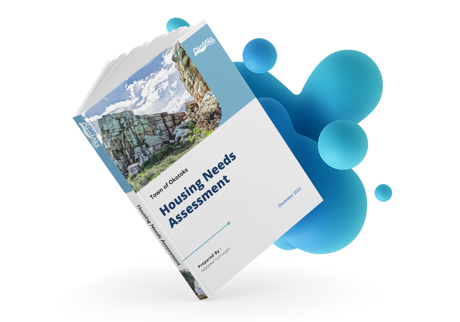 Cover page of a report titled 'Housing Needs Assessment' for the Town of Okotoks, dated December 2023, with a landscape photograph of rocky cliffs under a partly cloudy sky.