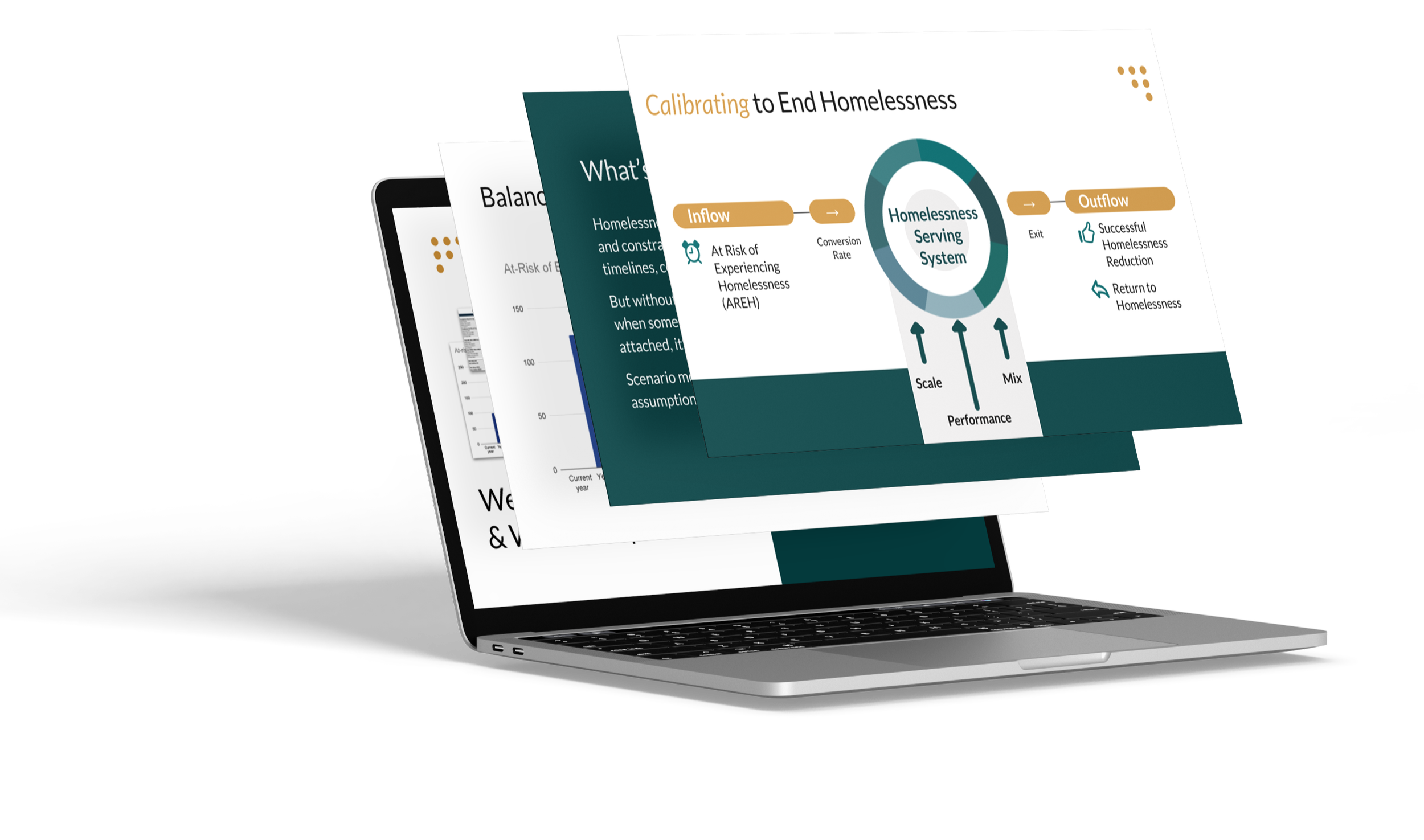 Digital illustration of layered presentation slides on a laptop screen, displaying charts, graphs, and a flowchart related to homelessness systems and management.