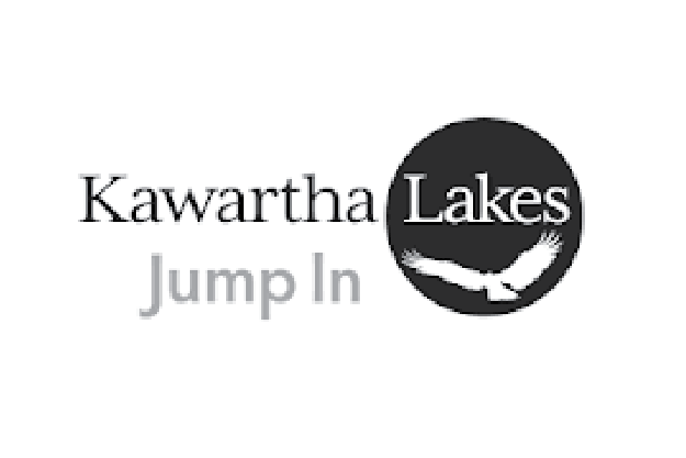 Kawartha Lakes Jump In logo with black circle featuring white eagle silhouette and black text