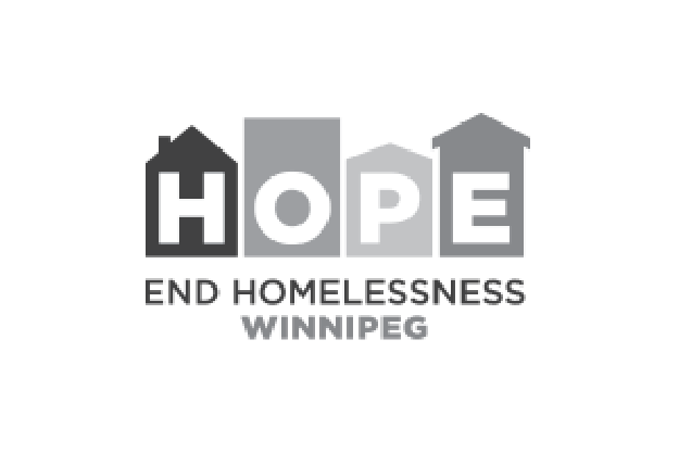Logo with the word 'HOPE' featuring houses as the 'H' and the 'E', and the caption 'END HOMELESSNESS WINNIPEG' beneath.
