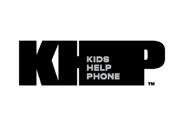 Logo for the Kids Help Phone service, featuring the words 'Kids Help Phone' in black text within a black rectangle with rounded edges.