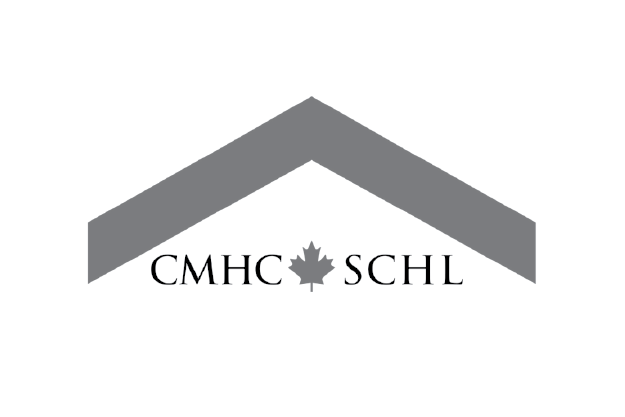 Logo with a gray house roof shape above the text 'CMHC SCHL' with a maple leaf between the words