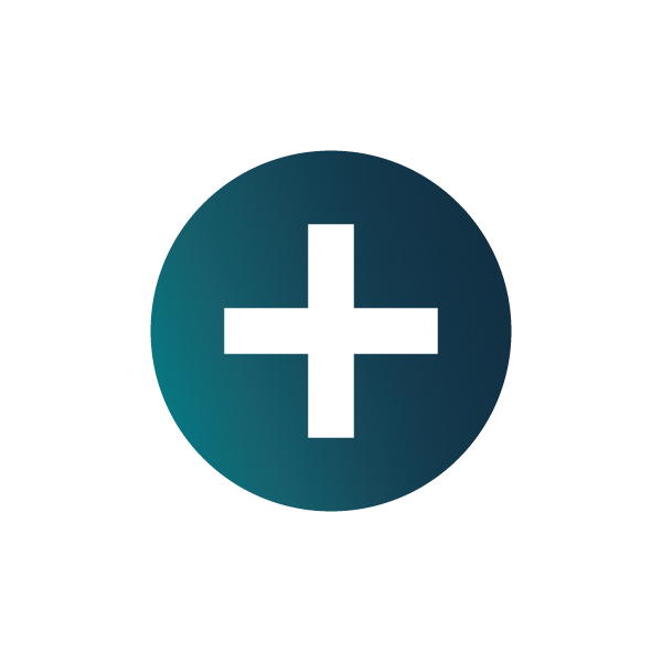 A circular logo with a white cross in the center, featuring a gradient from teal to dark blue.