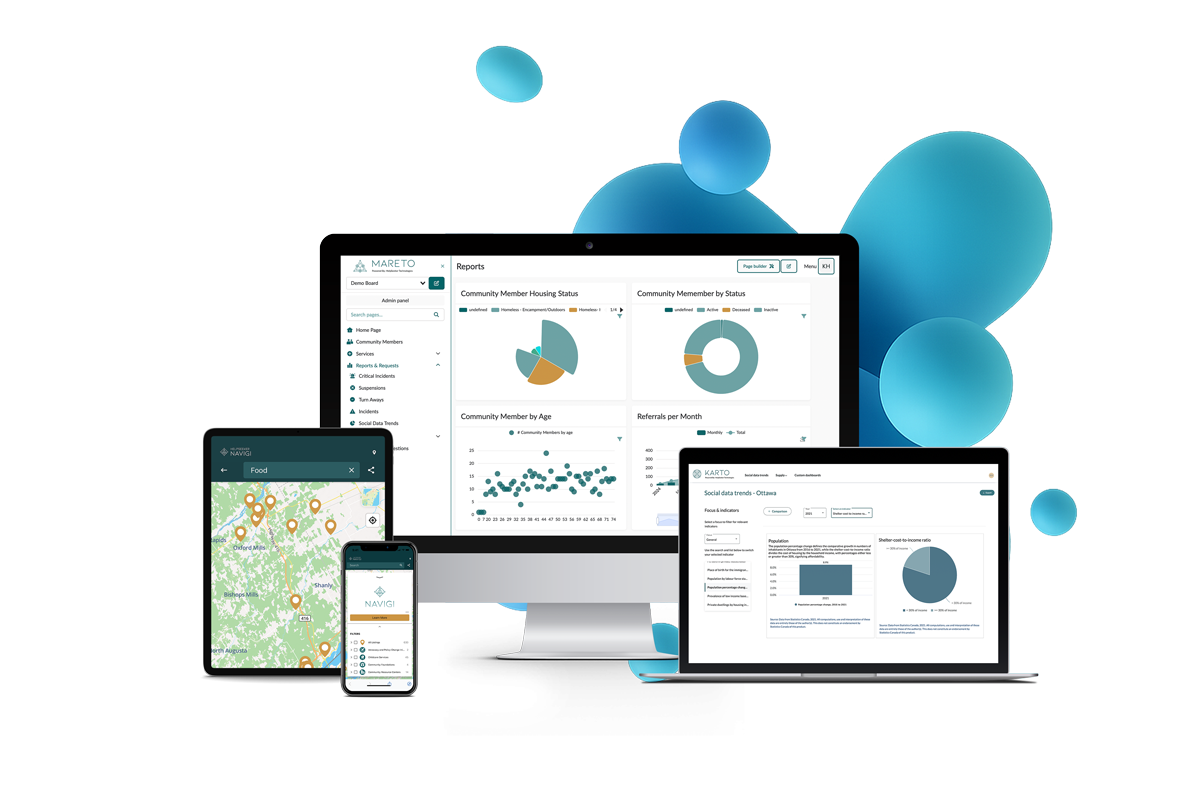 Multiple electronic devices displaying data analytics and maps, including a desktop monitor, laptop, tablet, and smartphone, with abstract blue background