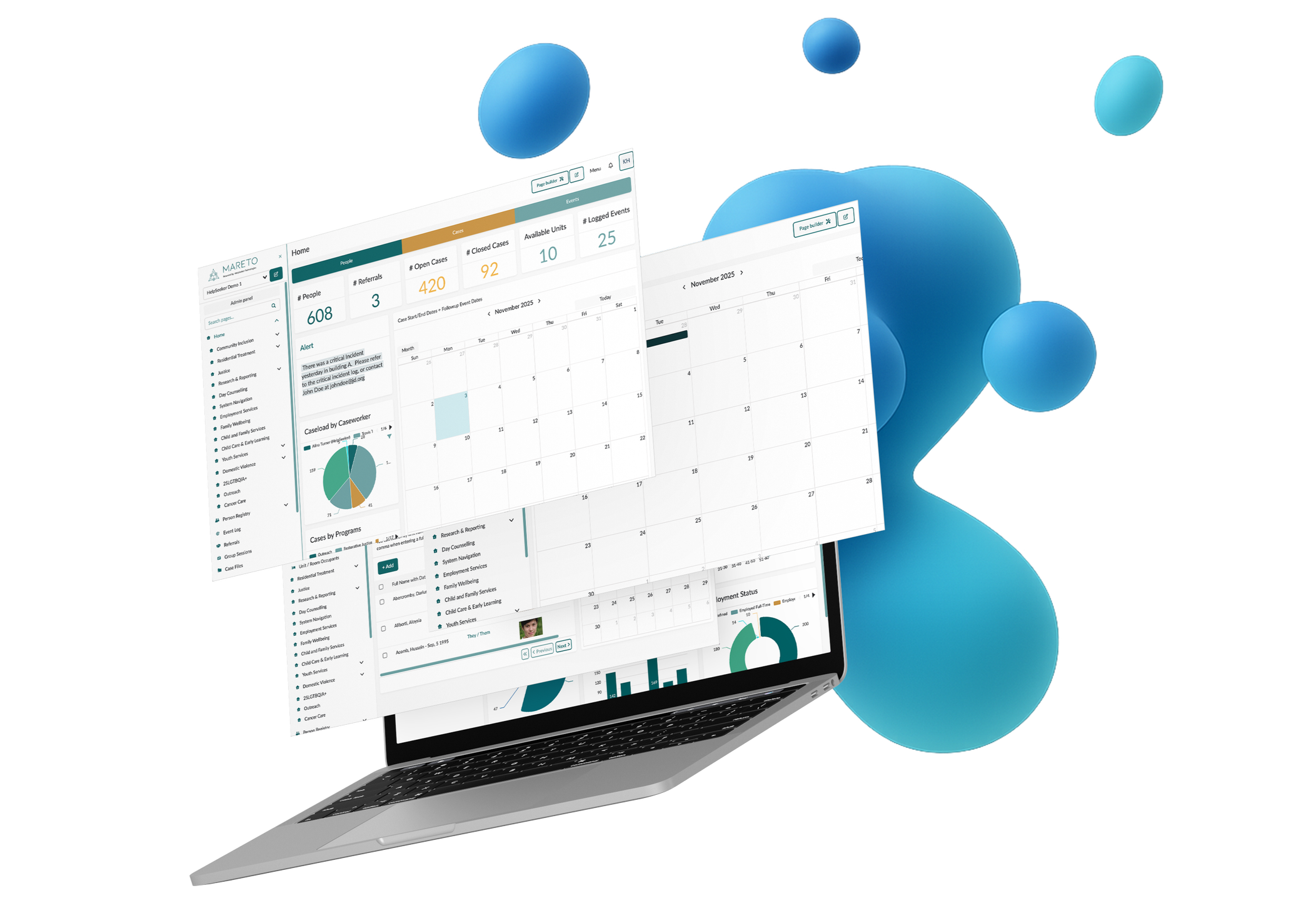 Digital graphic of a laptop with overlapping dashboards and charts, with blue 3D spherical shapes surrounding it.