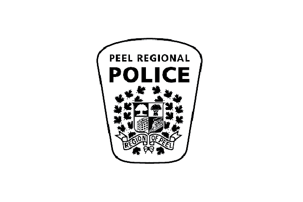 Peel Regional Police badge emblem with the text 'Peel Regional Police' and 'Region of Peel' inside a shield shape surrounded by maple leaves.