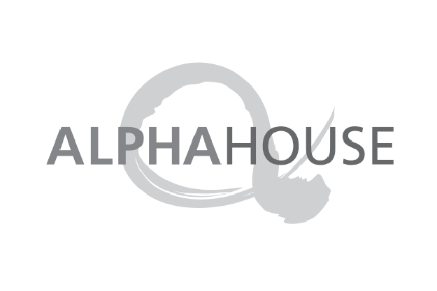Logo with the word 'ALPHAHOUSE' and an abstract circular design in shades of gray.