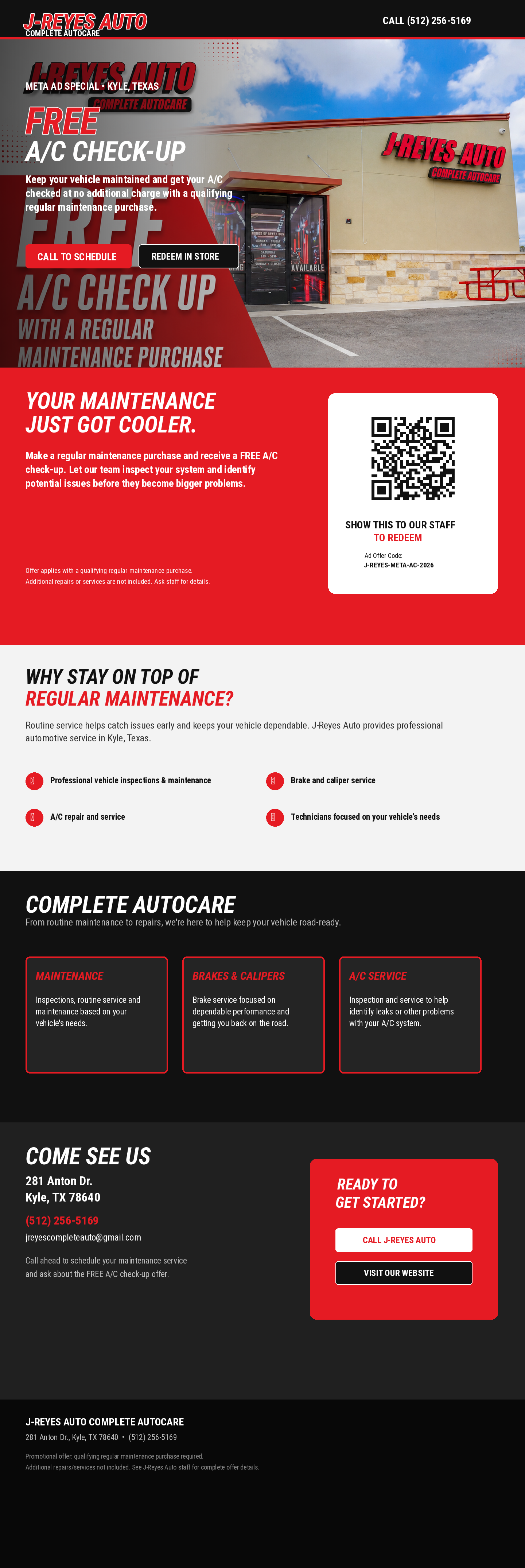 Promotional flyer for J-Reyes Auto in Kyle, Texas, advertising a free A/C check-up with regular maintenance, contact info, and services offered including vehicle inspection, brake and caliper service, and A/C repair.