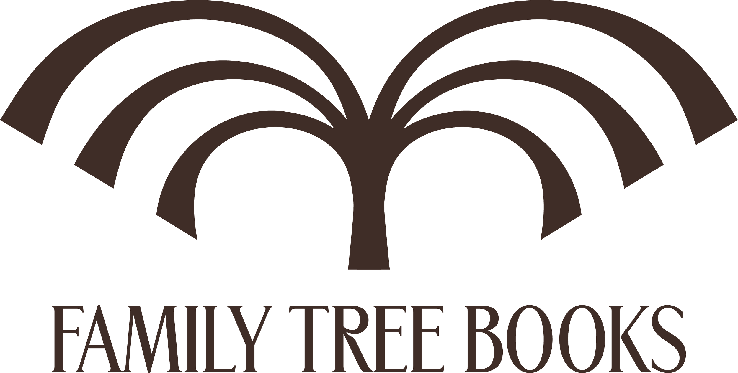 A stylised logo of three overlapping brown trees that replicate the appearance of an open book with the text "Family Tree Books" underneath.