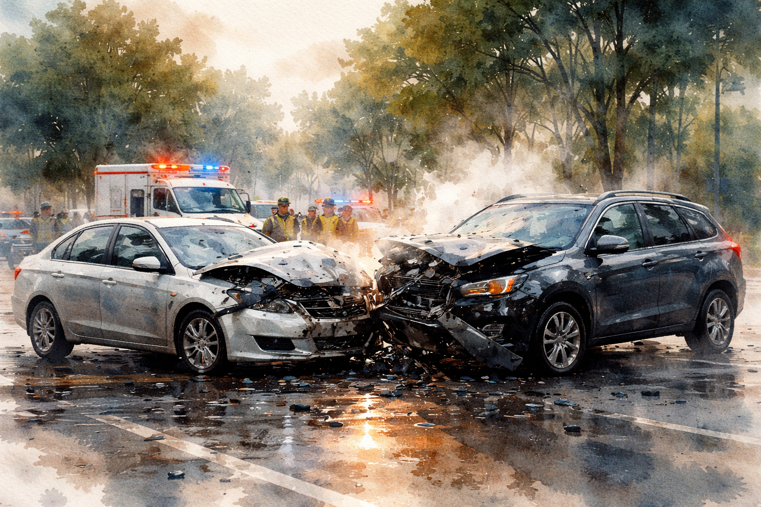 Two cars involved in a head-on collision with damaged front ends and airbags deployed, emergency responders and an ambulance in the background, on a wet road with trees and smoke or mist.