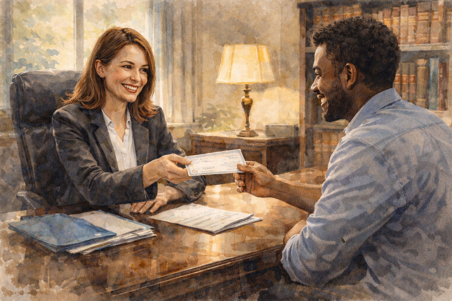 A woman in a business suit is handing a check to a man in a light-colored shirt at a desk in an office.