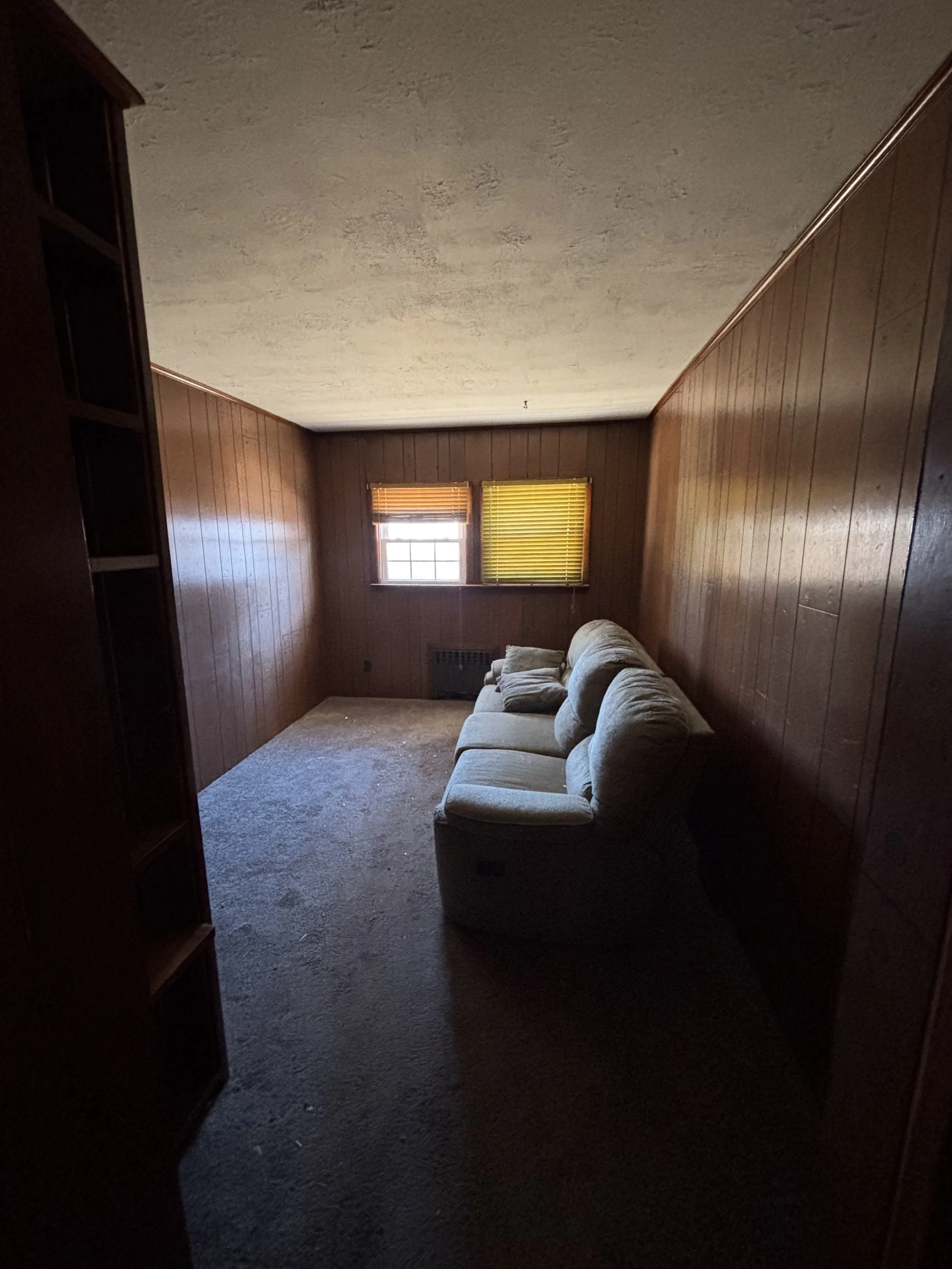 Room with wood-paneled walls, two small windows with blinds, a beige sofa, and a carpeted floor.