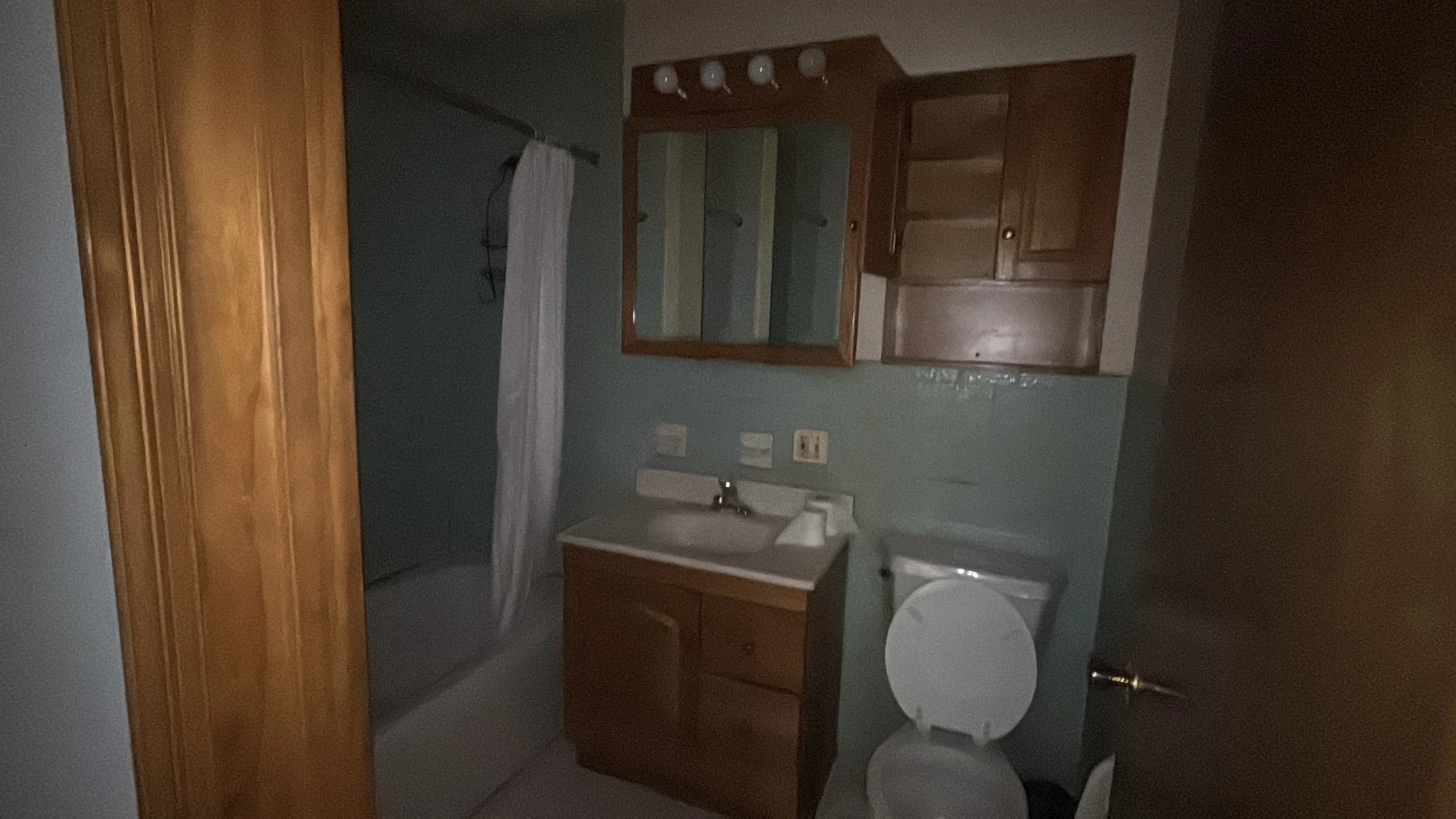 A small bathroom with a wooden vanity, a mirror with lights, a toilet, and a bathtub with a shower curtain, painted in a light green color.