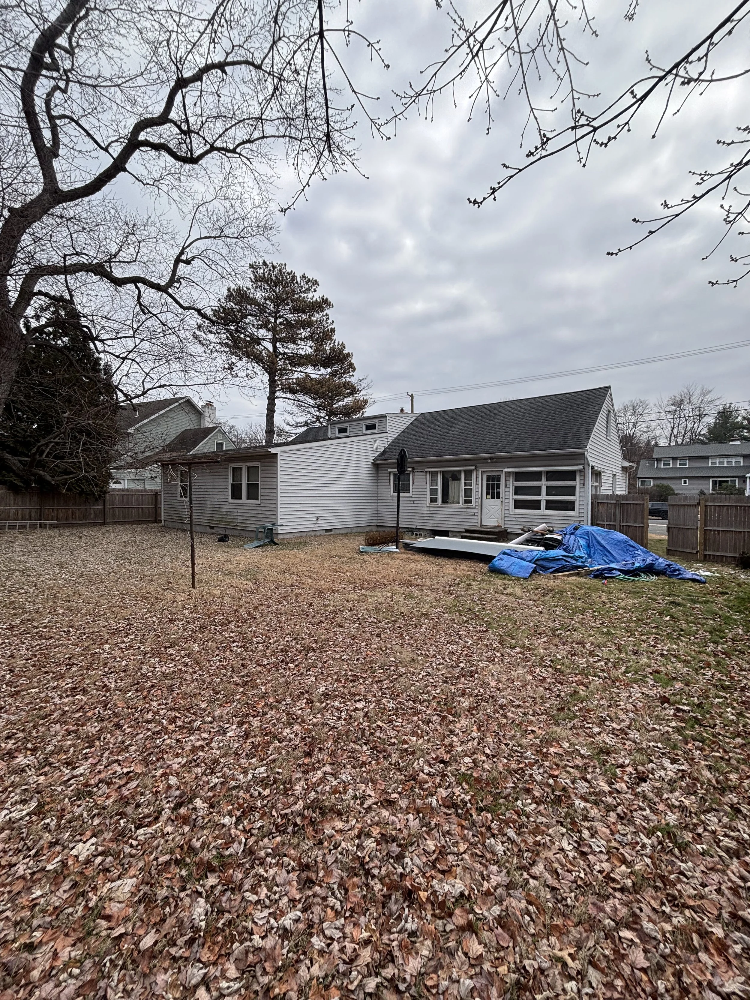 Backyard with fallen leaves, two trees, a white house, blue tarp covering items, and a basketball hoop.