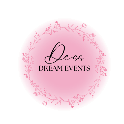 Pink circular logo with a floral wreath border, containing the text 'Das DREAM EVENTS' in black, with 'Das' in a script font and 'DREAM EVENTS' in a serif font.