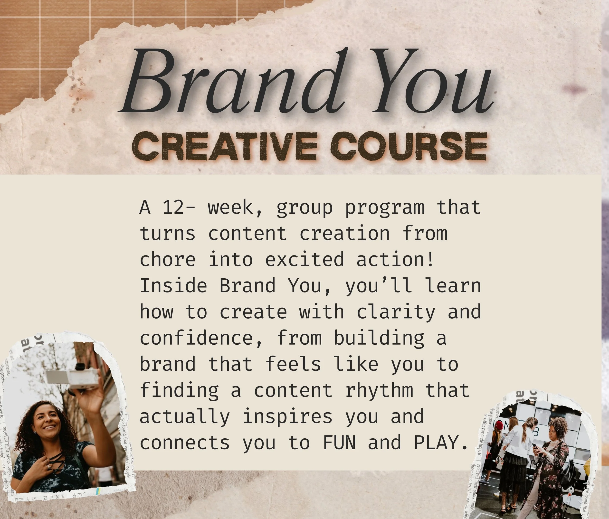 Poster advertising a 12-week creative course called 'Brand You,' featuring photos of smiling women.