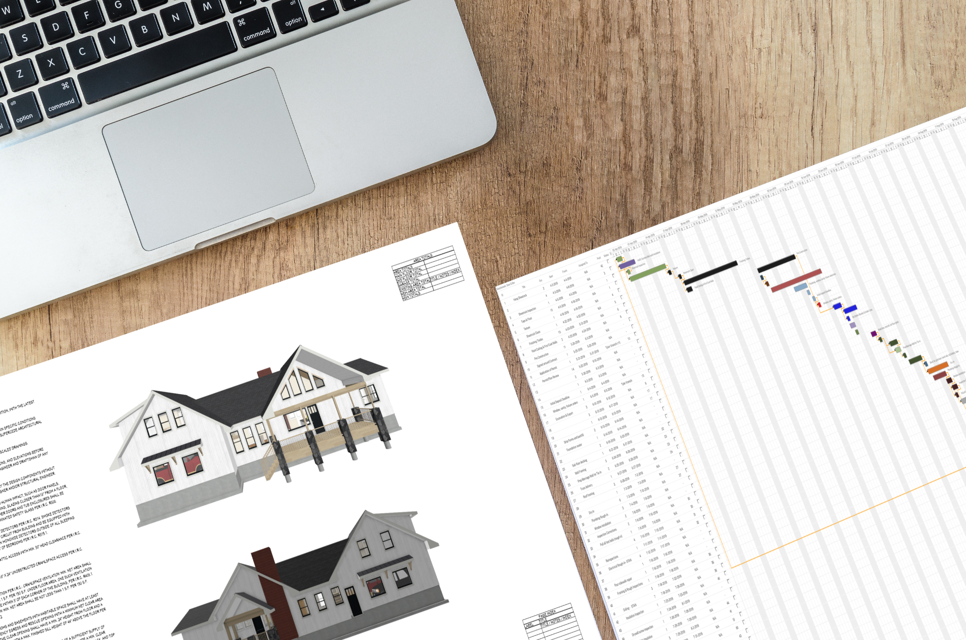 A computer keyboard, architectural 3D renderings of a house, and a printed project schedule on a wooden desk.