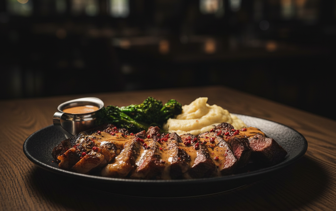 Sliced grilled steak with mashed potatoes, broccolini, and pan sauce on a restaurant plate.
