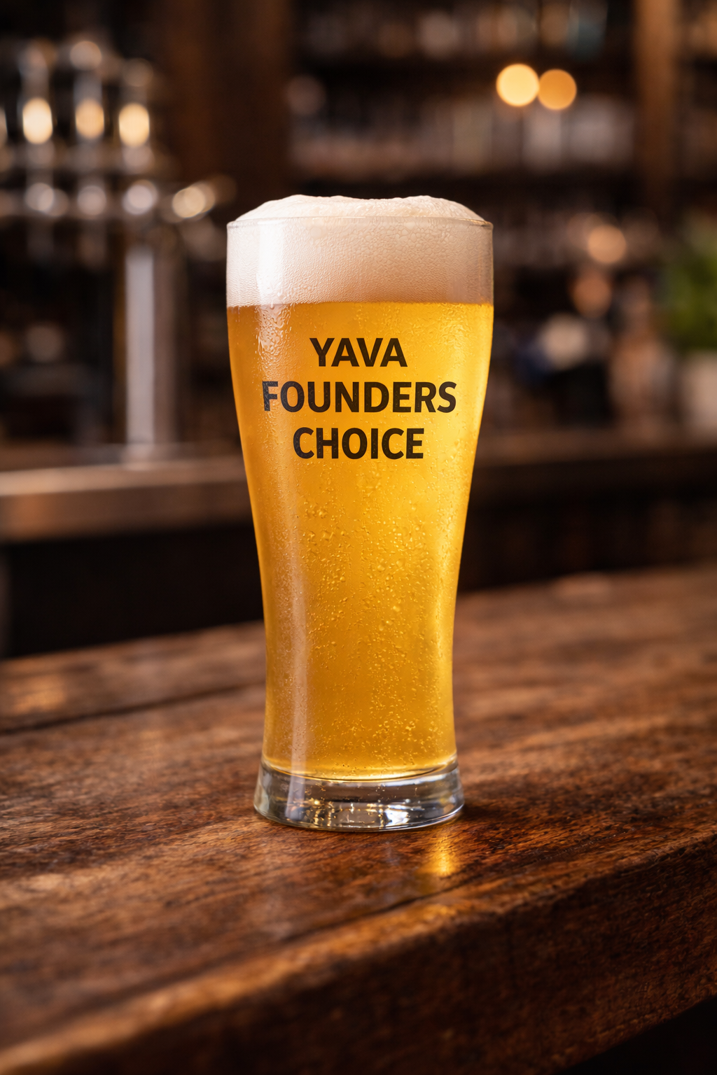 Tall beer with text on the glass