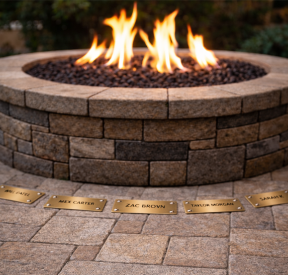 Brass name plates circling a raised fire-pit.